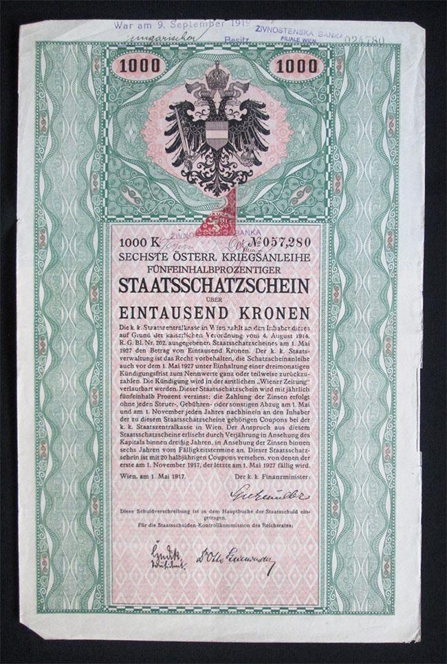 Osztrk 6. hadiklcsn ktvny 1000 korona 1917 Bcs